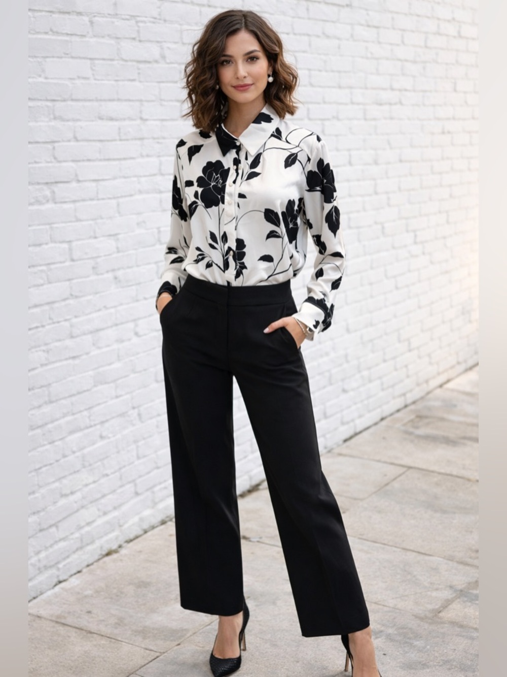 Rachel Zoe Black and White Floral Pearl Button Down Shirt - Size M